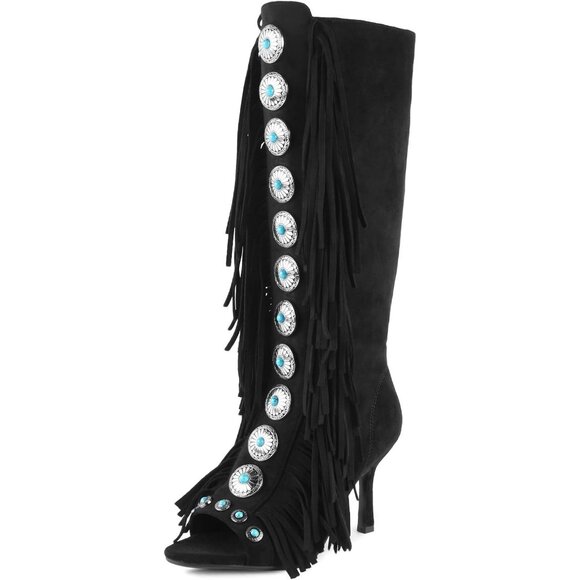 Shoes - Women's Black FancyQueen Gladiator Heels Knee High Stiletto Peep Toe Boot